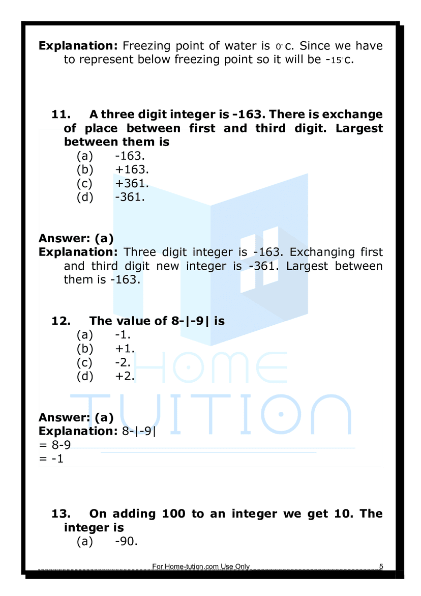 Extra Questions & Solutions For Chapter 6 Integers | Class 6 Maths
